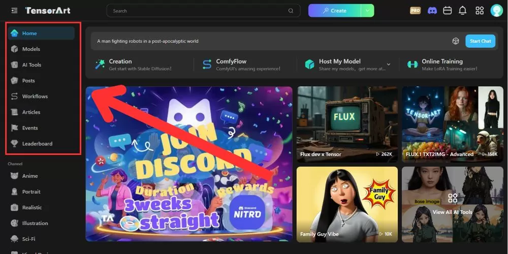 tensor art sidebar with community links