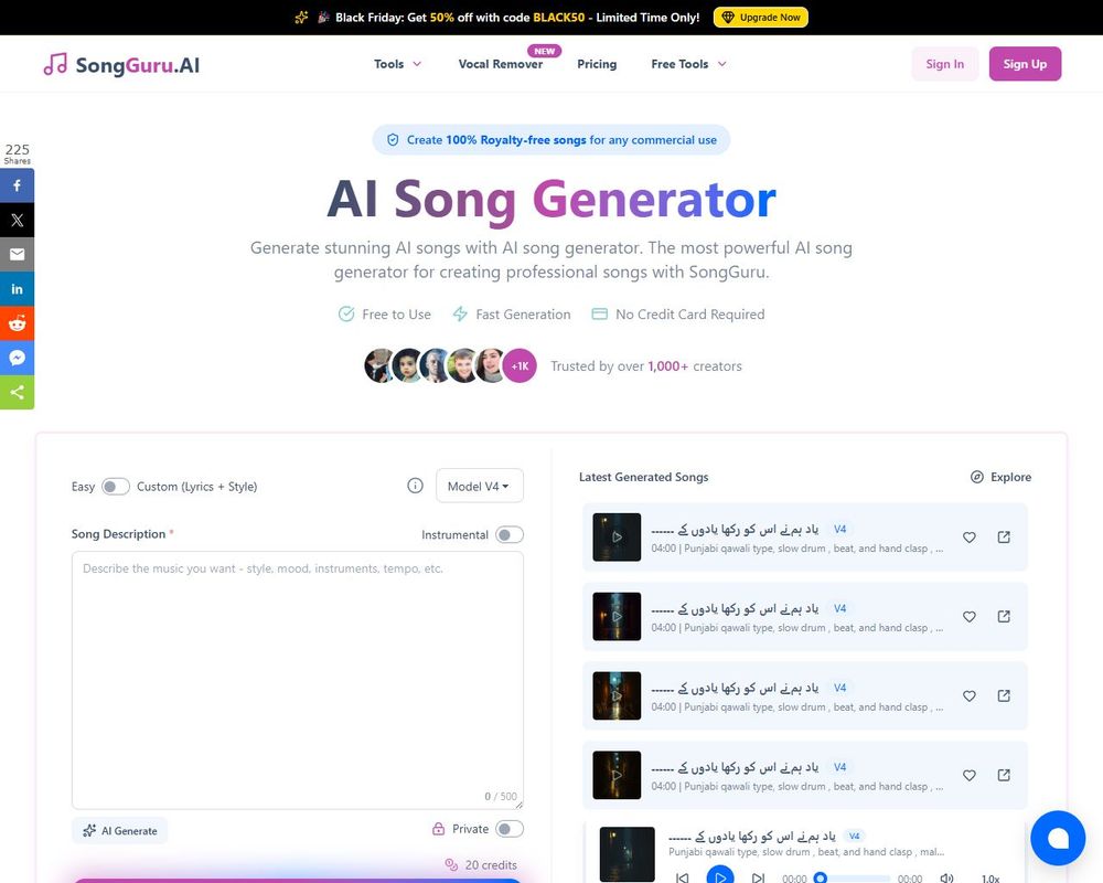 Screenshot of the SongGuru.ai interface showing AI music generation tools